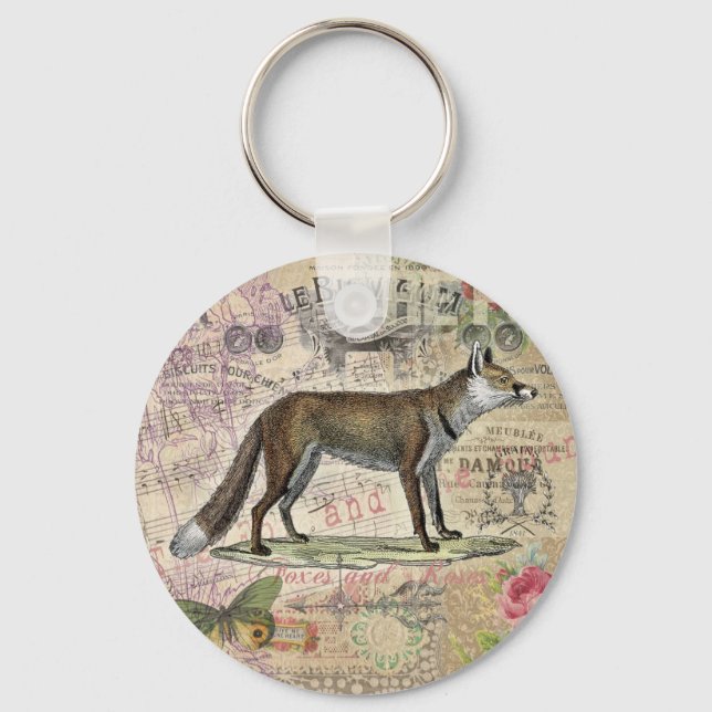 Fox Wildlife Vintage Animal Illustration  Keychain (Front)