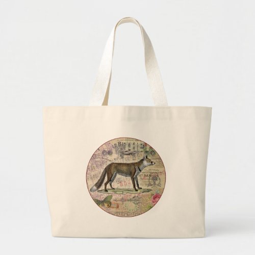 Fox Wildlife Vintage Animal Illustration  Large Tote Bag