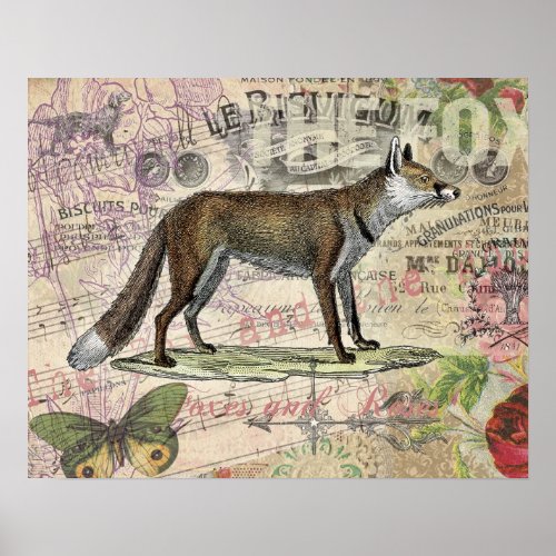 Fox Wildlife Vintage Animal Illustration  Poster