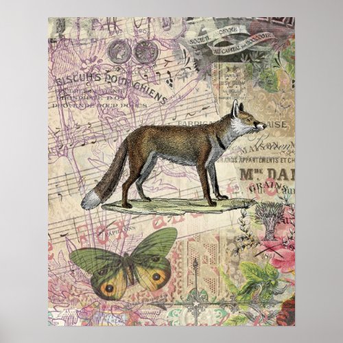 Fox Wildlife Vintage Animal Illustration  Poster