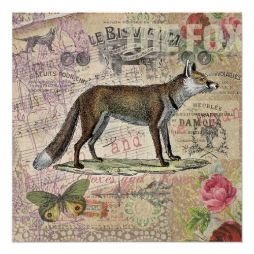 Fox Wildlife Vintage Animal Illustration  Poster