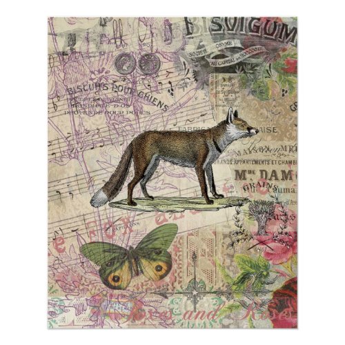 Fox Wildlife Vintage Animal Illustration  Poster