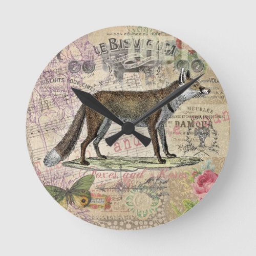 Fox Wildlife Vintage Animal Illustration  Round Clock