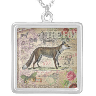 Fox Wildlife Vintage Animal Illustration Silver Plated Necklace