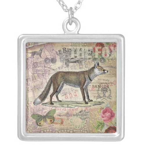 Fox Wildlife Vintage Animal Illustration  Silver Plated Necklace