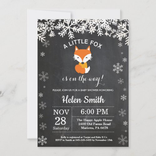 Fox Winter Baby Shower Chalkboard Invitation