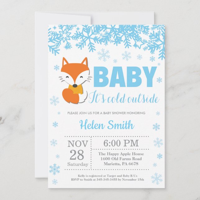 Fox Winter Blue Boy Baby Shower Snowflake Invitation (Front)
