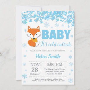 Fox Winter Blue Boy Baby Shower Snowflake Invitation