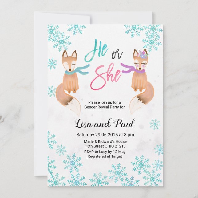 Fox Winter gender reveal invitation (Front)