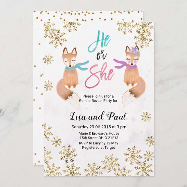 Fox Winter Gold gender reveal invitation (Front/Back)