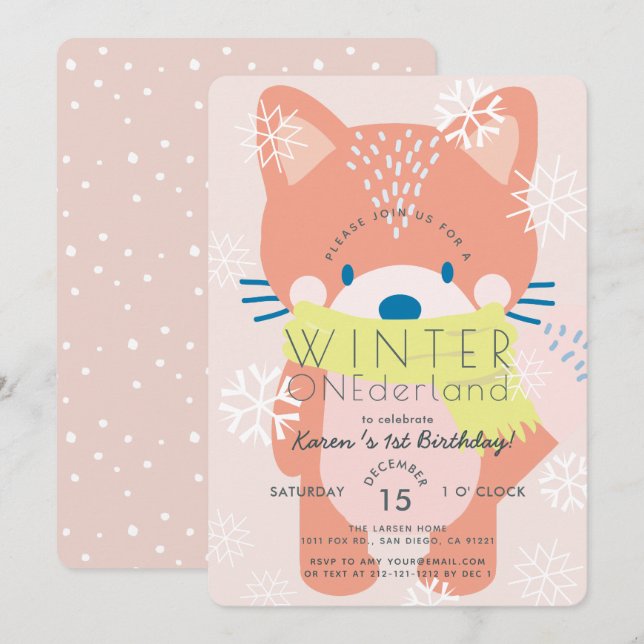 Fox Winter Onederland Pink 1st Birthday Invitation (Front/Back)
