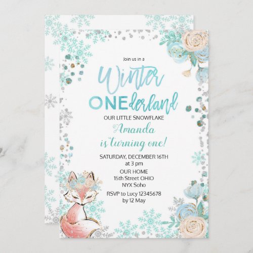 Fox Winter ONEderland Snow Birthday Invite Mint