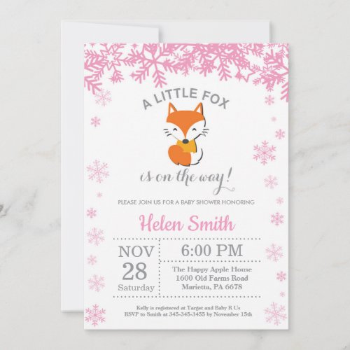 Fox Winter Pink Girl Baby Shower Snowflake Invitation