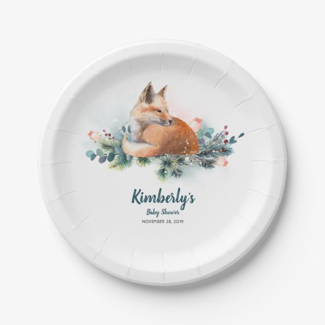 Fox Winter Woodland Baby Shower Paper Plates (Front)