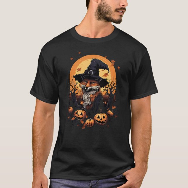 Fox Witch Hat Pumpkins Halloween Costume T-Shirt (Front)