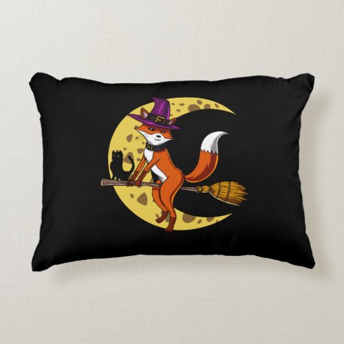 Fox Witch RIding A Broom Funny Halloween Animal Accent Pillow