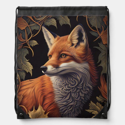 Fox with Autumn Leaves  Elegant Floral Animal Art Drawstring Bag