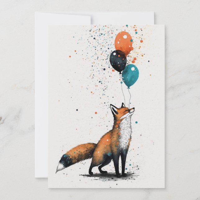 Fox with Balloon and Party Hat Flat Greeting Card (Front)