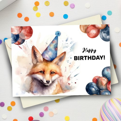 Fox with Balloons and Party Hat Happy Birthday Card