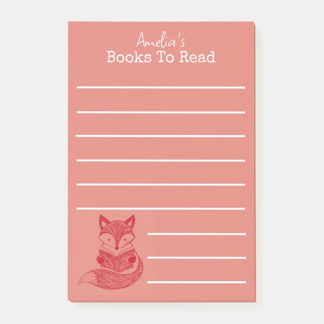 Fox with Book Personalized Reading list Post-it Notes (Front)