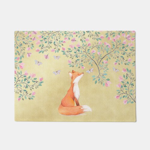 Fox with Butterflies and Pink Flowers Doormat