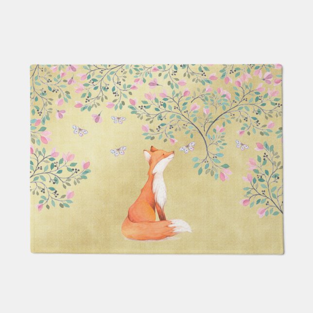 Fox with Butterflies and Pink Flowers Doormat (Front)