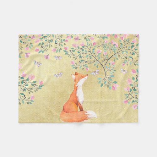 Fox with Butterflies and Pink Flowers Fleece Blanket