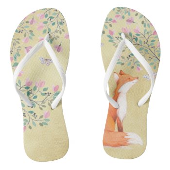 Fox With Butterflies And Pink Flowers Flip Flops by GiftsGaloreStore at Zazzle