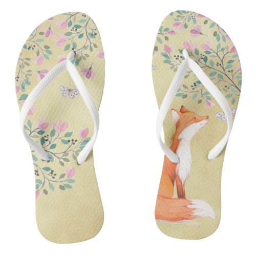 Fox with Butterflies and Pink Flowers Flip Flops