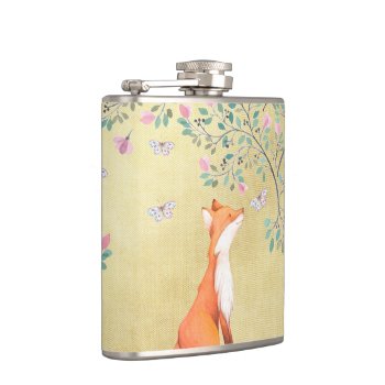 Fox With Butterflies And Pink Flowers Hip Flask by GiftsGaloreStore at Zazzle