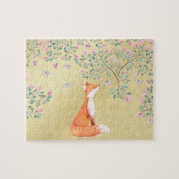 Fox With Butterflies And Pink Flowers Jigsaw Puzzle by GiftsGaloreStore at Zazzle