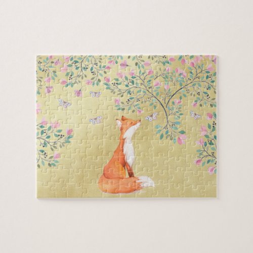 Fox with Butterflies and Pink Flowers Jigsaw Puzzle