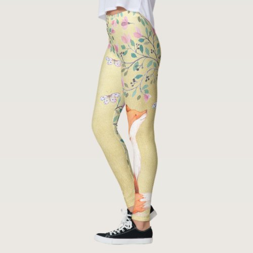 Fox with Butterflies and Pink Flowers Leggings