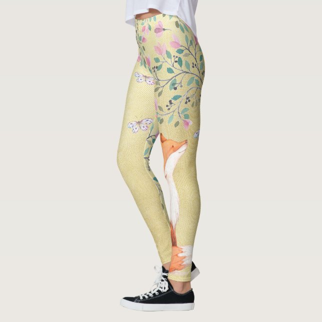 Fox with Butterflies and Pink Flowers Leggings (Left)