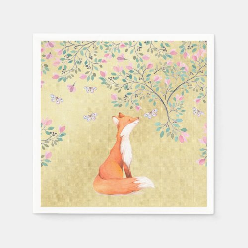 Fox with Butterflies and Pink Flowers Napkins