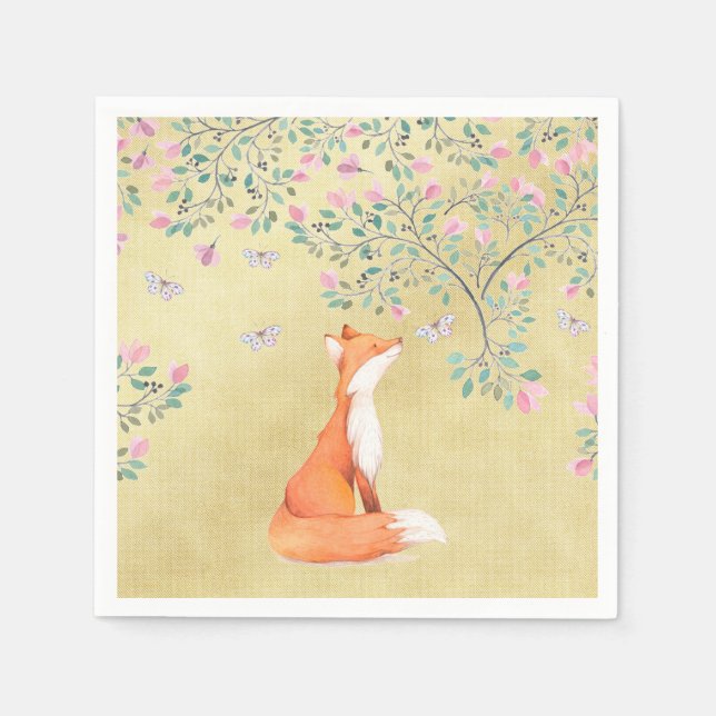 Fox with Butterflies and Pink Flowers Napkins (Front)