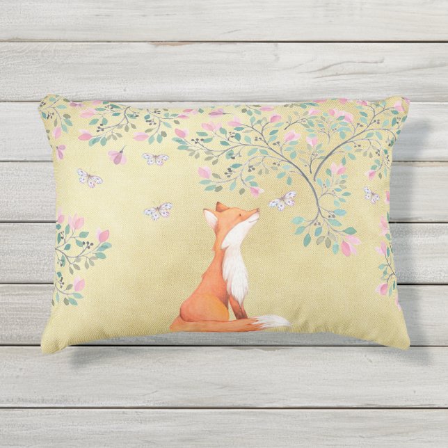 Fox with Butterflies and Pink Flowers Outdoor Pillow (Front)