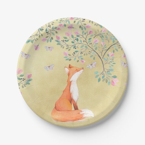 Fox with Butterflies and Pink Flowers Paper Plates
