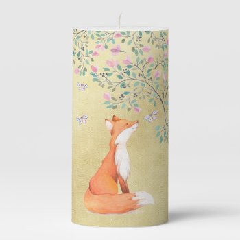 Fox With Butterflies And Pink Flowers Pillar Candle by GiftsGaloreStore at Zazzle
