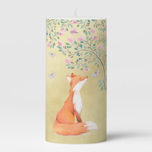 Fox with Butterflies and Pink Flowers Pillar Candle