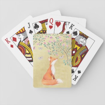 Fox With Butterflies And Pink Flowers Playing Cards by GiftsGaloreStore at Zazzle