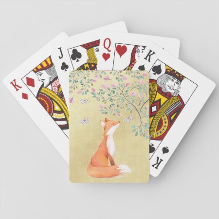 Fox With Butterflies And Pink Flowers Playing Cards