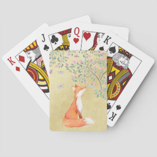 Fox with Butterflies and Pink Flowers Poker Cards