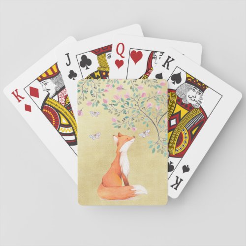 Fox with Butterflies and Pink Flowers Poker Cards