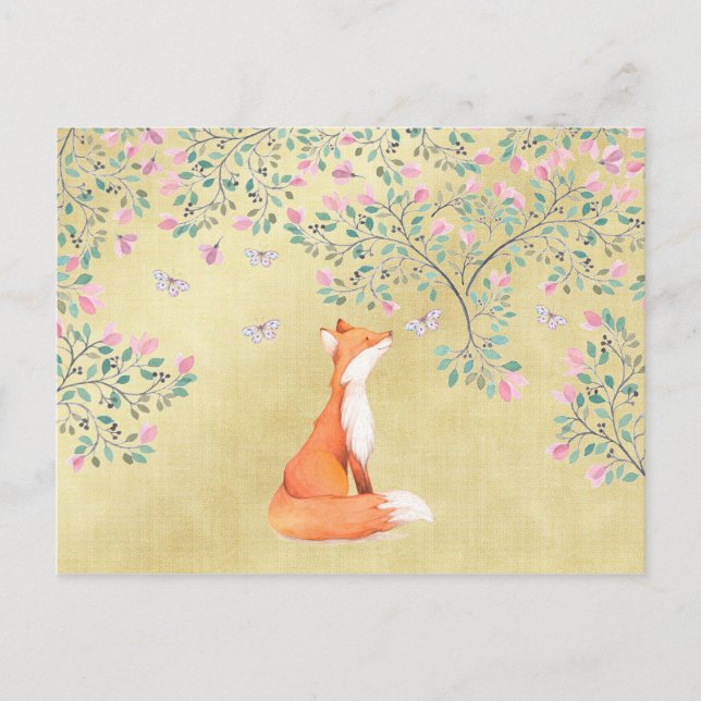 Fox with Butterflies and Pink Flowers Postcard (Front)