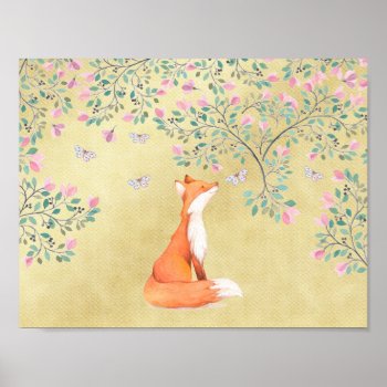 Fox With Butterflies And Pink Flowers Poster by GiftsGaloreStore at Zazzle