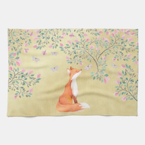 Fox with Butterflies and Pink Flowers Towel