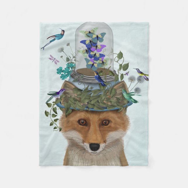 Fox with Butterfly Bell Jar Fleece Blanket (Front)