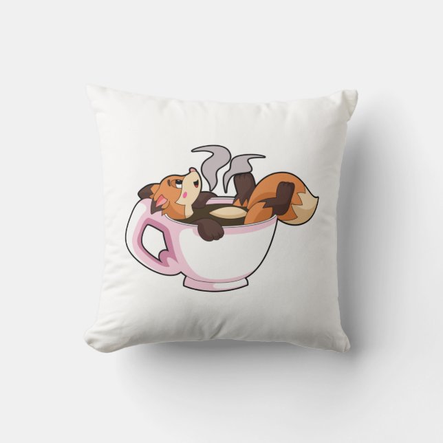 Fox with Coffee Cup Throw Pillow (Front)