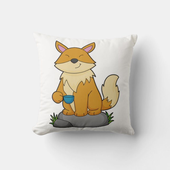 Fox with Coffee cup Throw Pillow (Front)